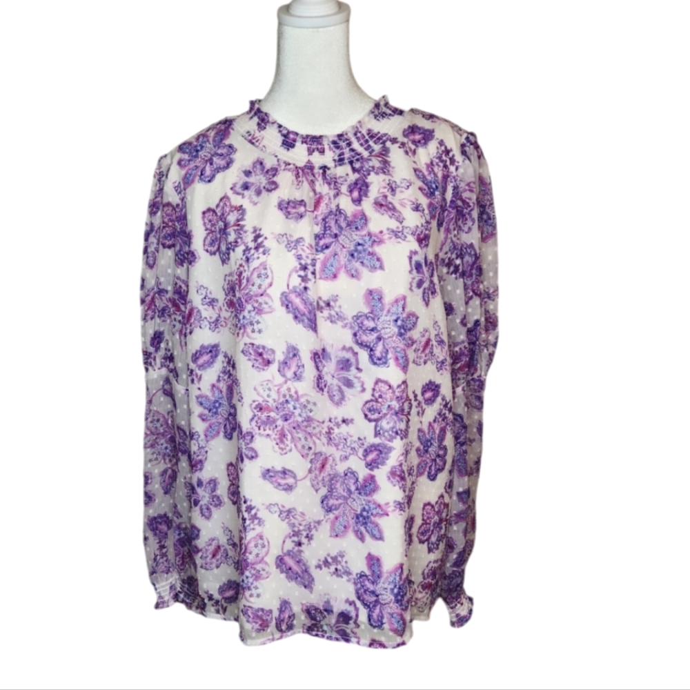 NEW Loft Floral Clip Smocked Puff Sleeve Top Size XL